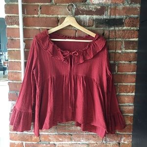 Boho top, ruffle neck, bell sleeve